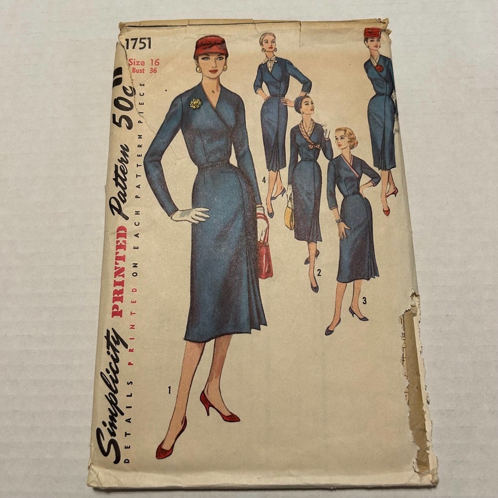 Simplicity Vintage 1950's Pattern  #1751 One Piece Dress With Dickey‎ Size 16